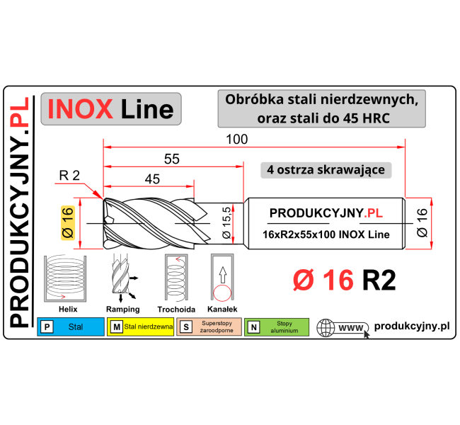 Frez z promieniem naroża fi 16 R2 INOX LINE